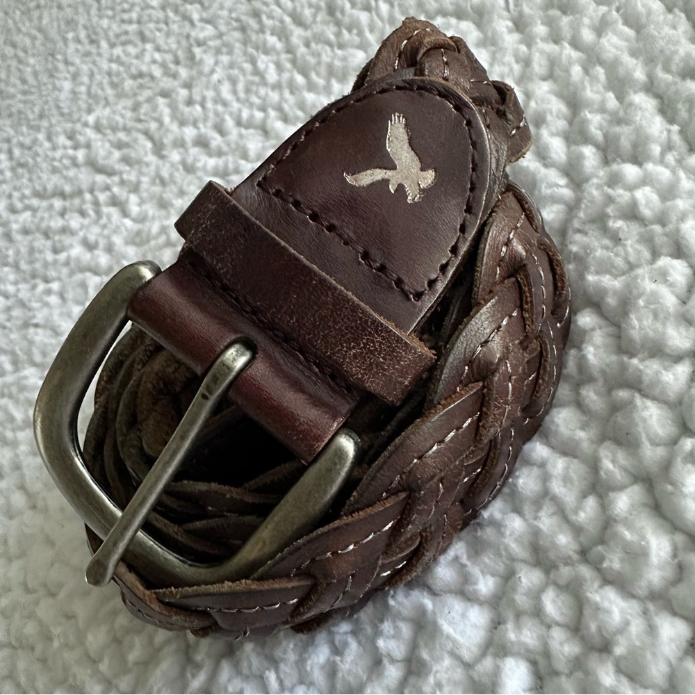 VTG y2k American Eagle brown braided leather belt silver stitching detail S/M